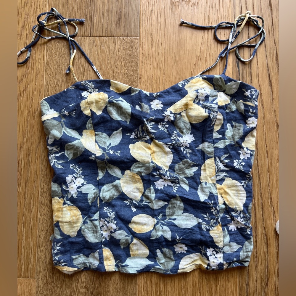 Abercrombie Sweetheart Tie-Strap Linen Cami – Blue Lemon Print